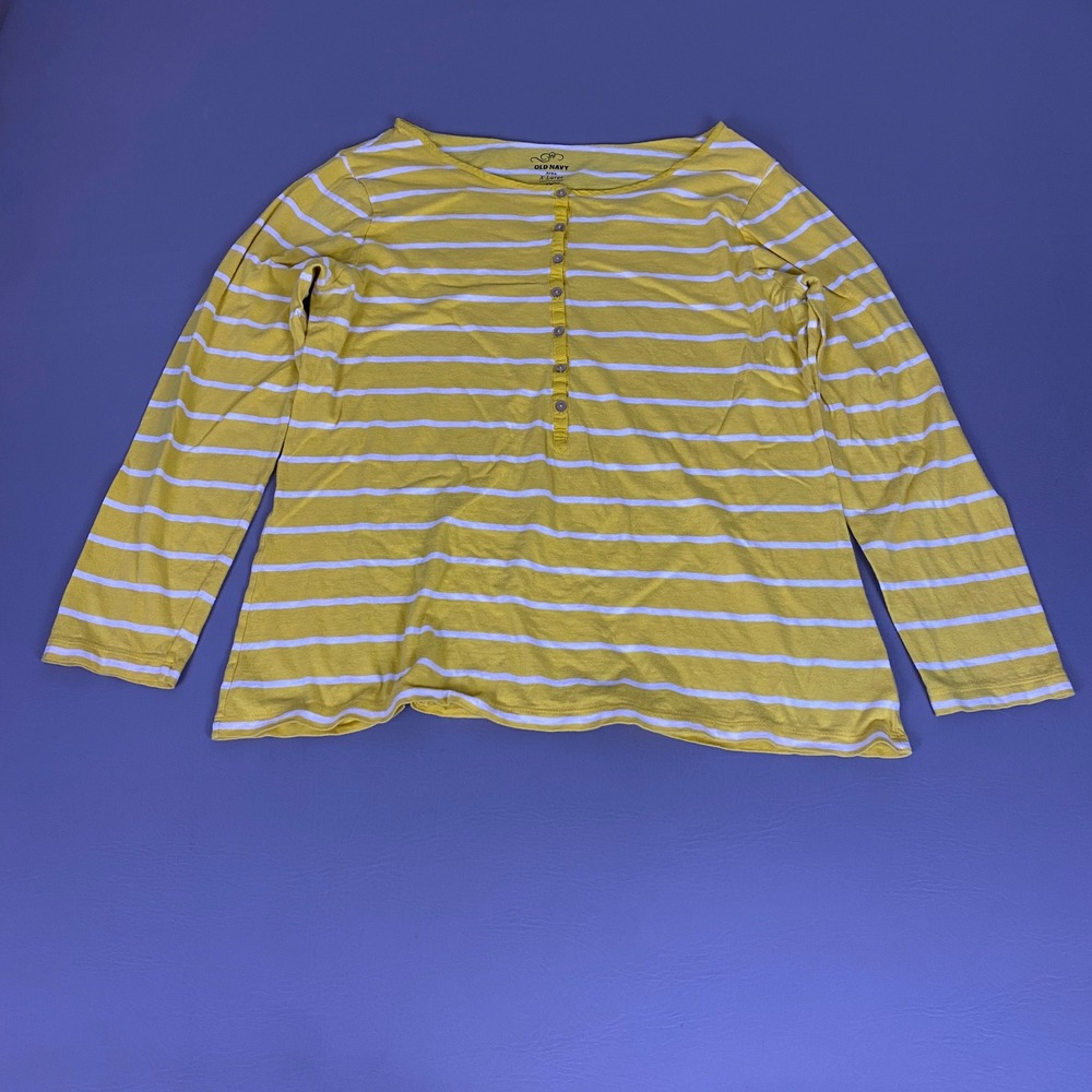 Old Navy Henley Shirt Women's XL Yellow White Striped Long Sleeve Scoop Neck